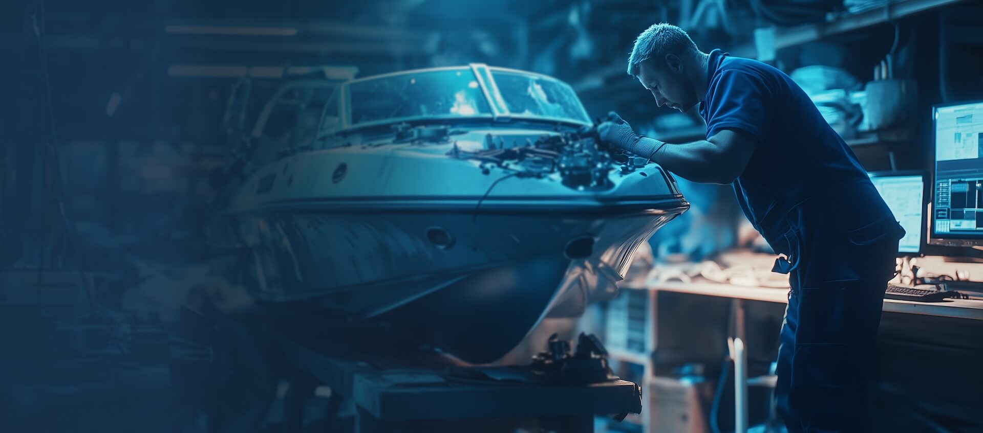 Boat in a boat repair shop Boat in a boat repair shop with technician working on a boat