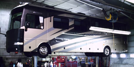 Class A Motorhome on the rack for repair Class A Motorhome on the rack for repair